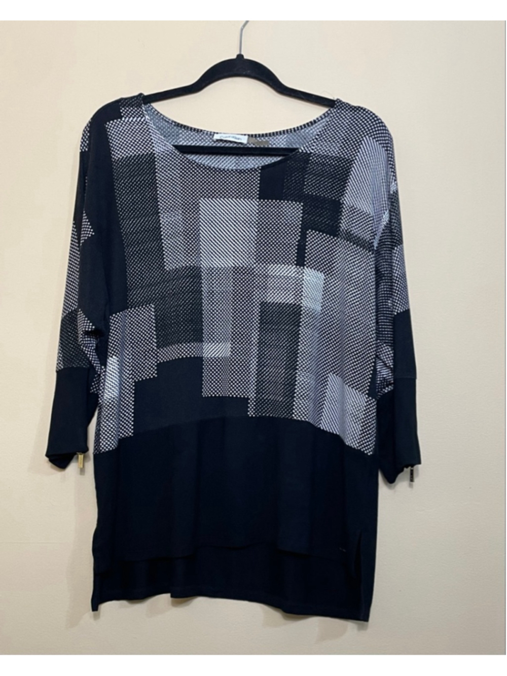Women's Calvin Klein Black & White Geometric Tunic Top L 3/4 sleeve